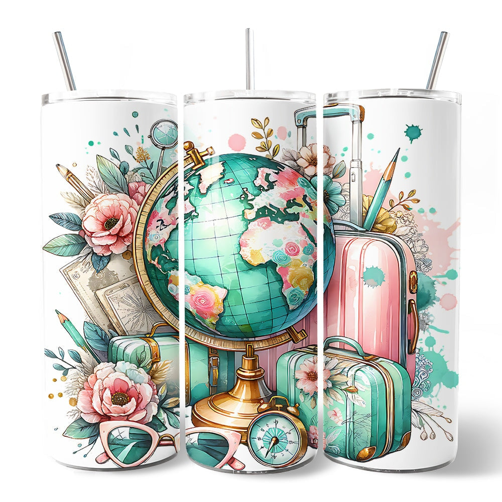 Pink and Teal Wanderlust Girl 20oz Personalized Tumbler With Lid and Stainless Steel Straw, Floral Traveler Adventurer Gift Cup OrnamentallyYou