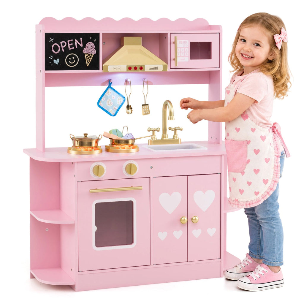 Wooden Play Kitchen with Lights & Sounds for Toddlers 3+