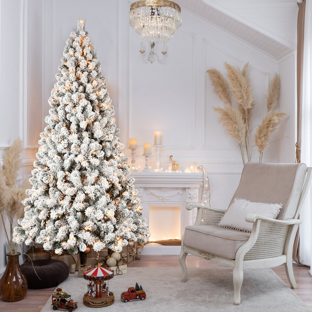 6ft Flocked Pre-Lit Christmas Tree with 300 Warm White Lights - Snow Effect HouseOfZazla