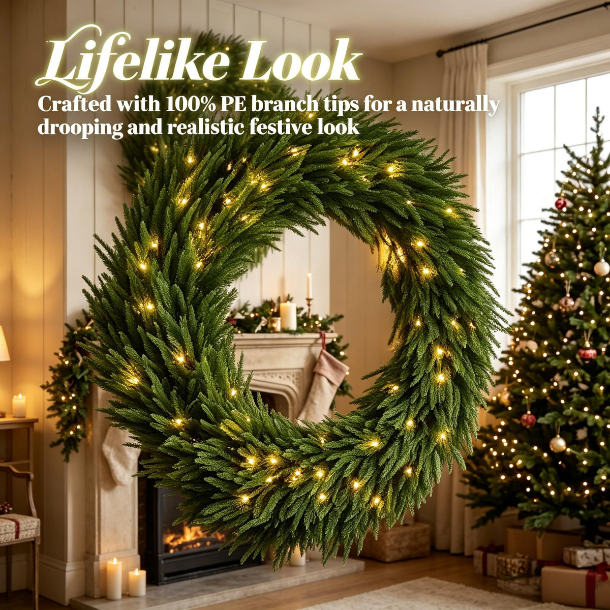 36-Inch Pre-Lit Christmas Wreath with Warm White Lights - Green HouseOfZazla