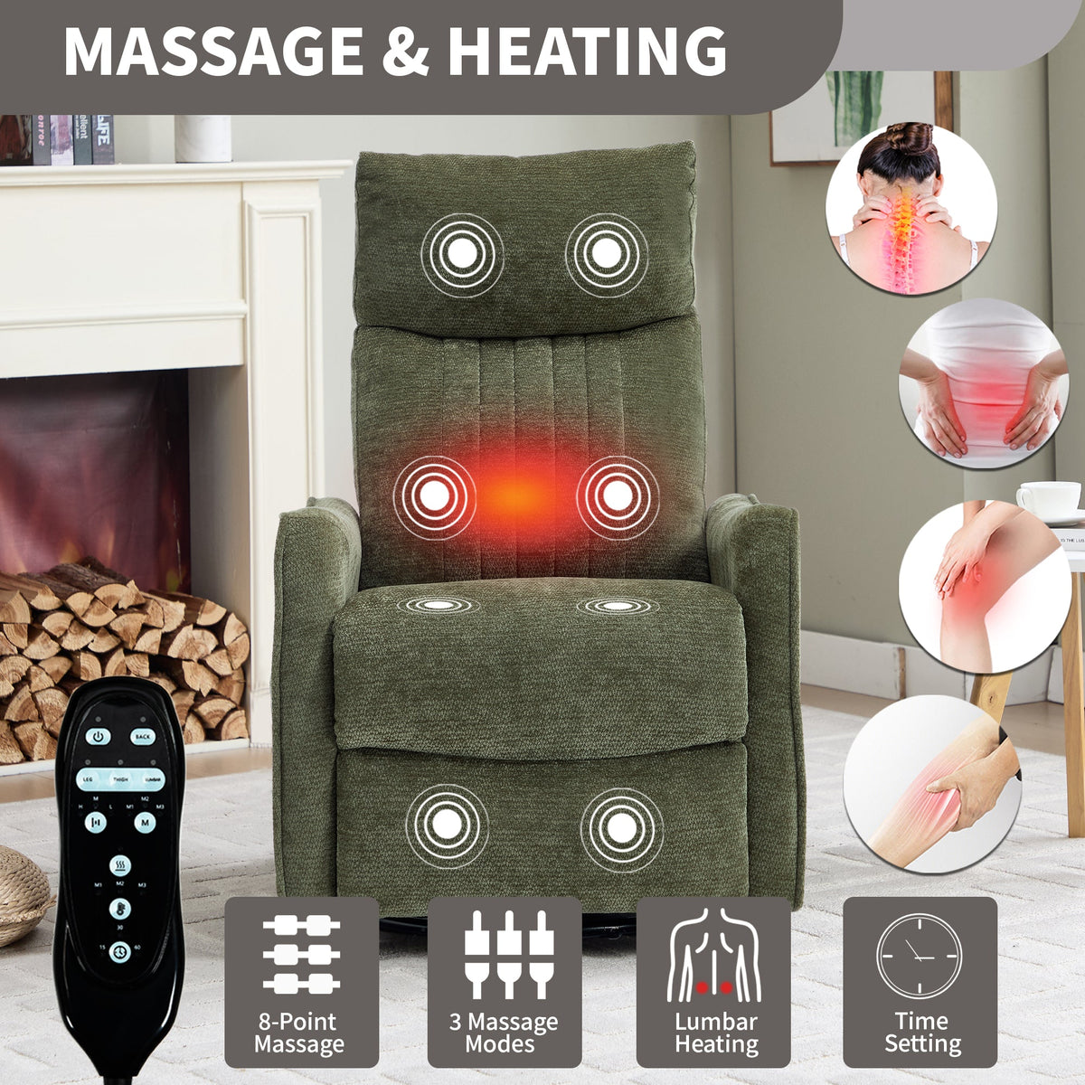 Green Heat Massage Manual Recliner Chair with Swivel and Massage - Chenille HouseOfZazla