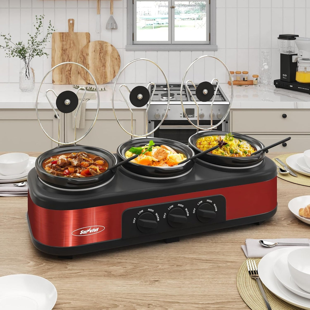 Triple Slow Cooker Buffet Food Warmer with 3 Removable Pots - Red or Blue HouseOfZazla