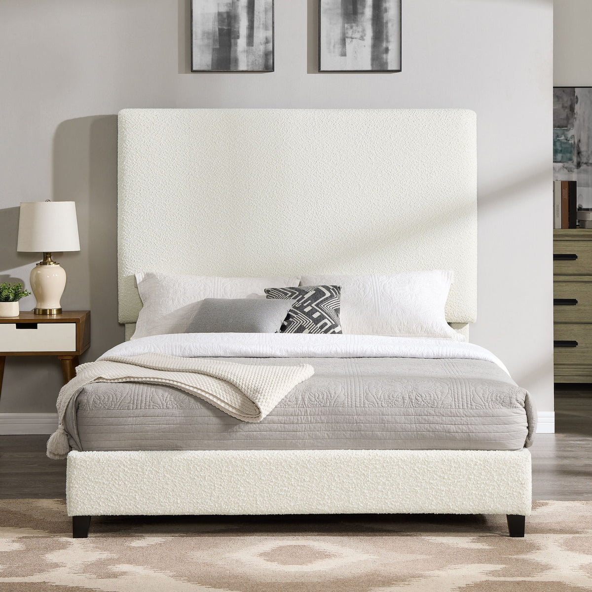 Queen Upholstered Headboard Platform Bed with Solid Wood Frame - White HouseOfZazla