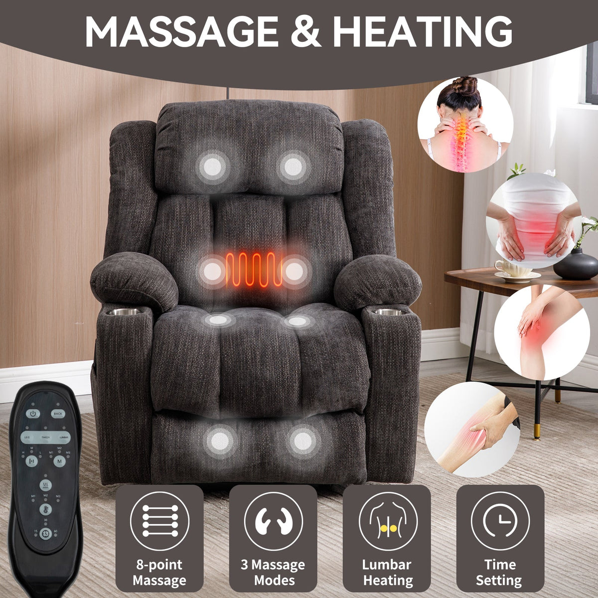 Chenille Power Lift Recliner Chair with Massage & Heating - Soft Chenille HouseOfZazla