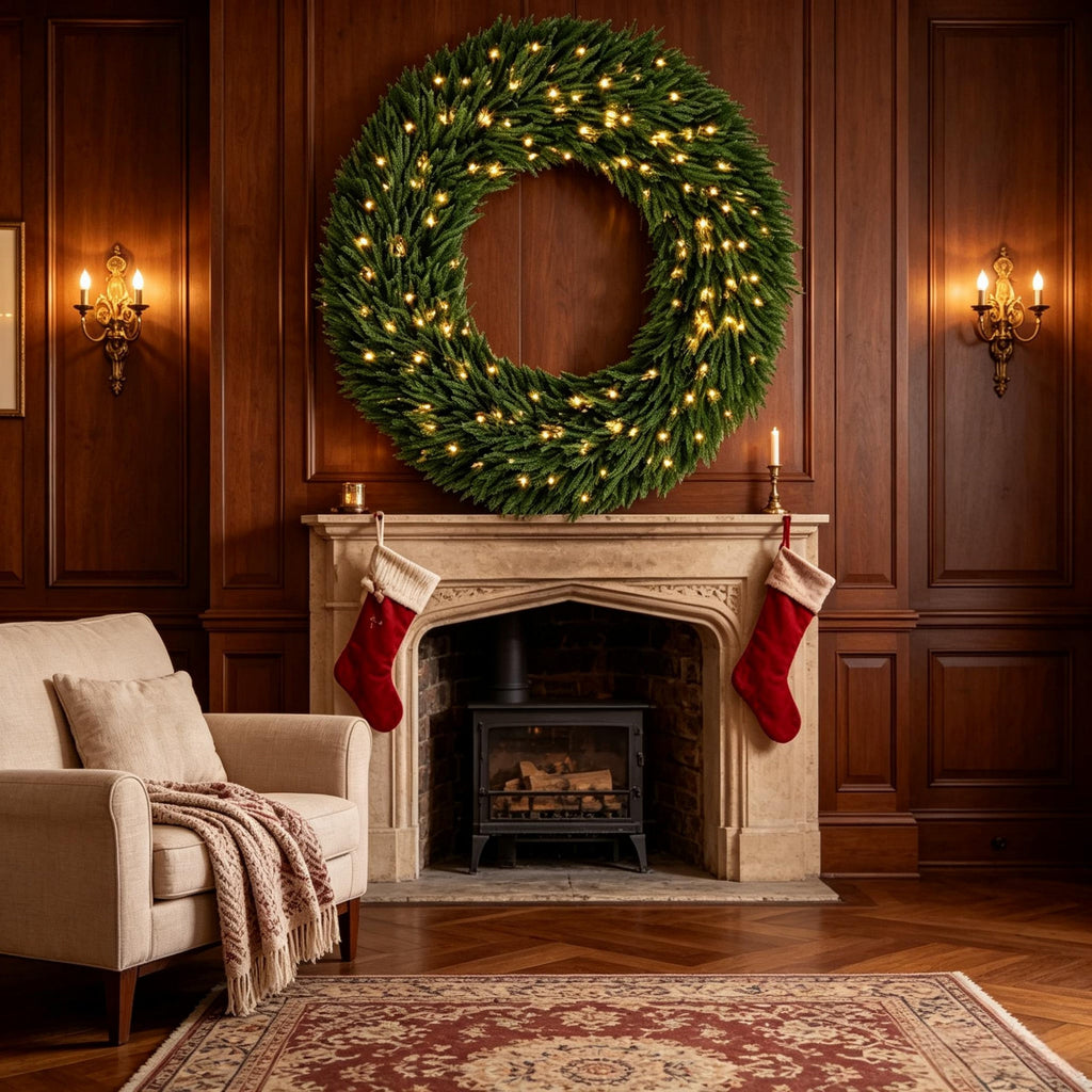 48" Artificial Norfolk Pine Christmas Wreath with LED Lights - Green HouseOfZazla
