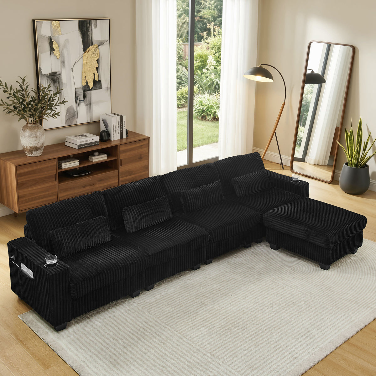 L-Shaped Corduroy Modular Sectional Sofa with Detachable Footrest - Black HouseOfZazla
