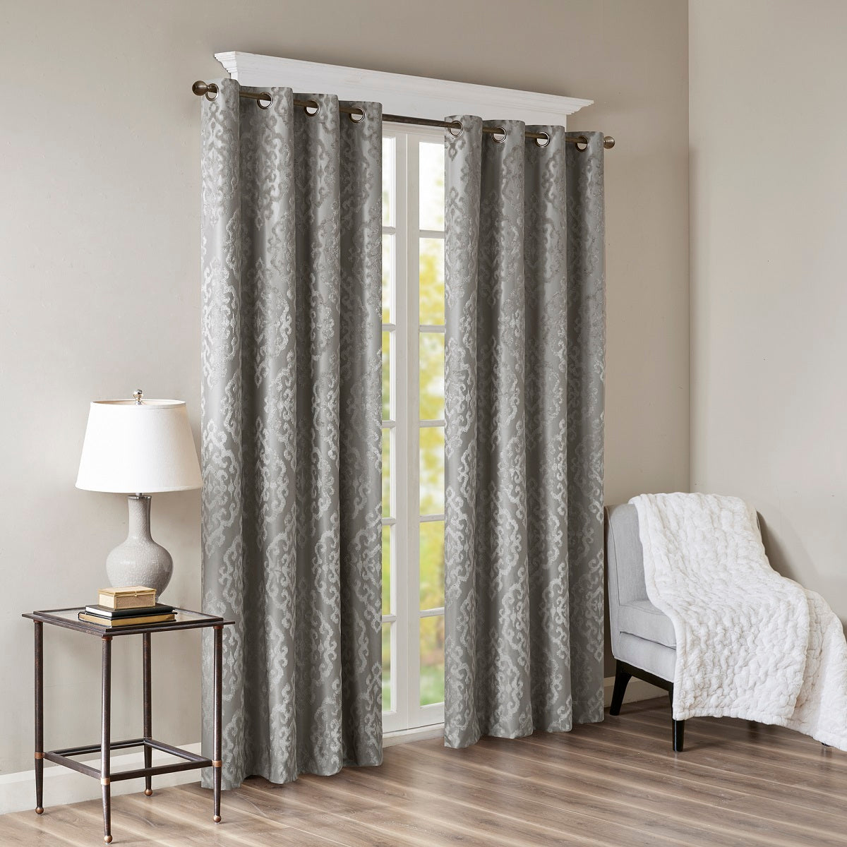 Charcoal Knitted Jacquard Damask Blackout Curtain Panel with Silver Grommets HouseOfZazla