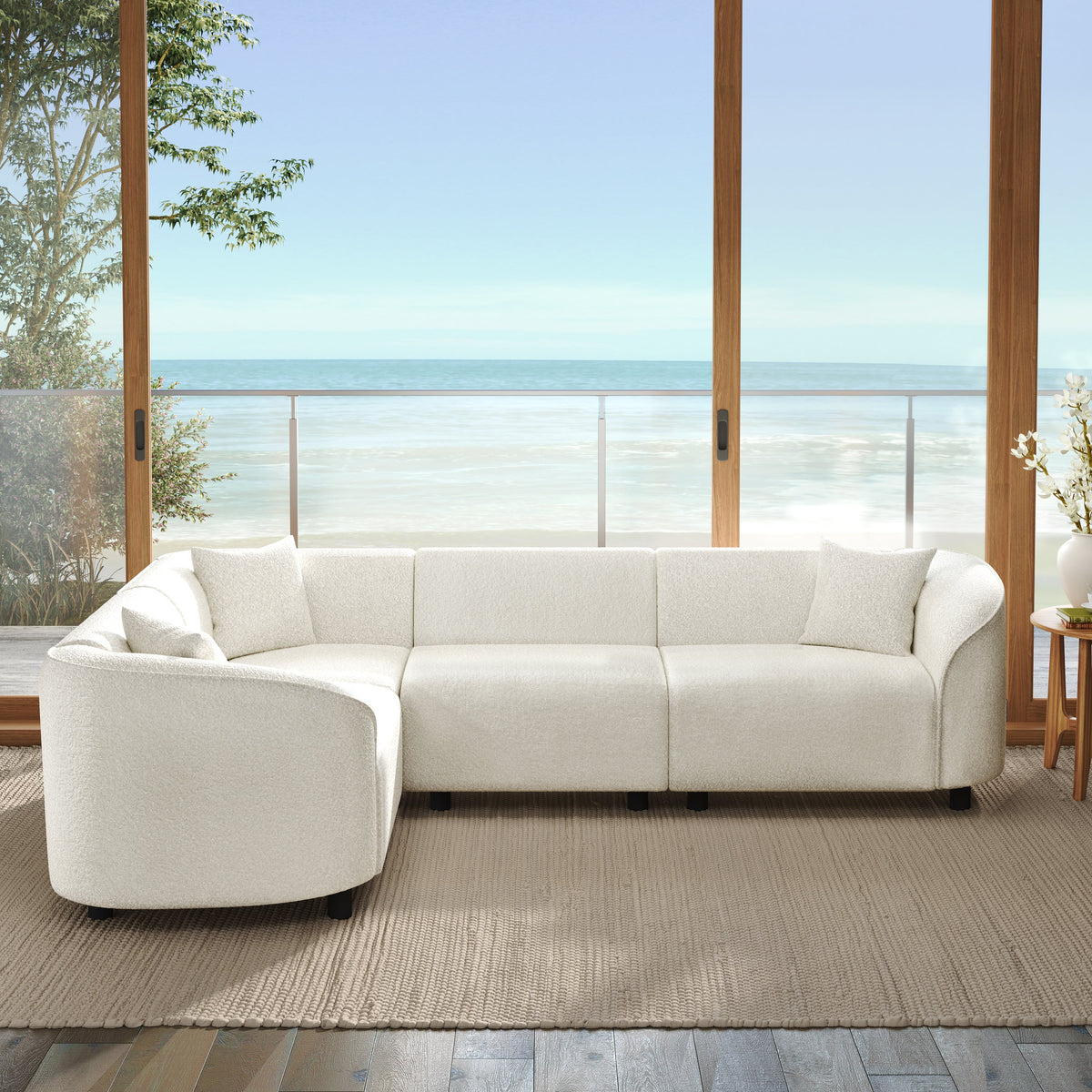 104" L-Shaped Curved Contemporary Sectional Sofa with Bouclé Upholstery - Beige HouseOfZazla