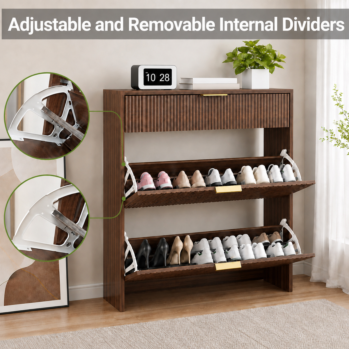 Narrow Fluted Shoe Storage Cabinet with Fluted Detailing - MDF HouseOfZazla