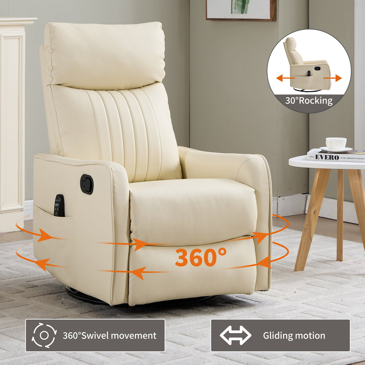 Beige Heat Massage Manual Recliner Chair with Rocker and Swivel - Beige HouseOfZazla