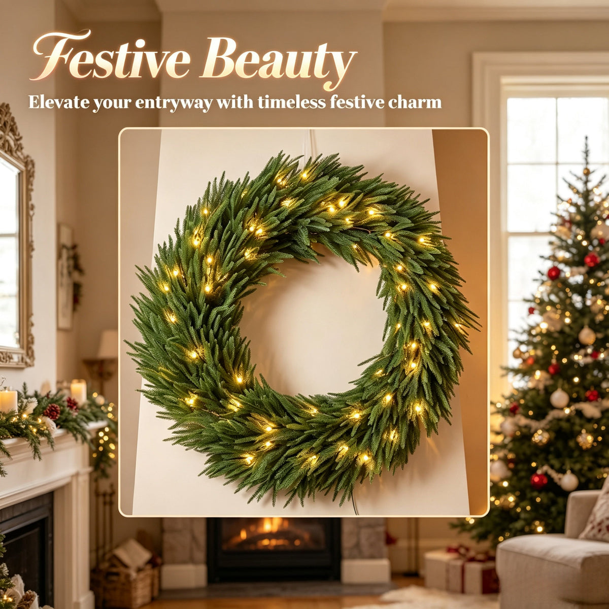 36-Inch Pre-Lit Christmas Wreath with Warm White Lights - Green HouseOfZazla