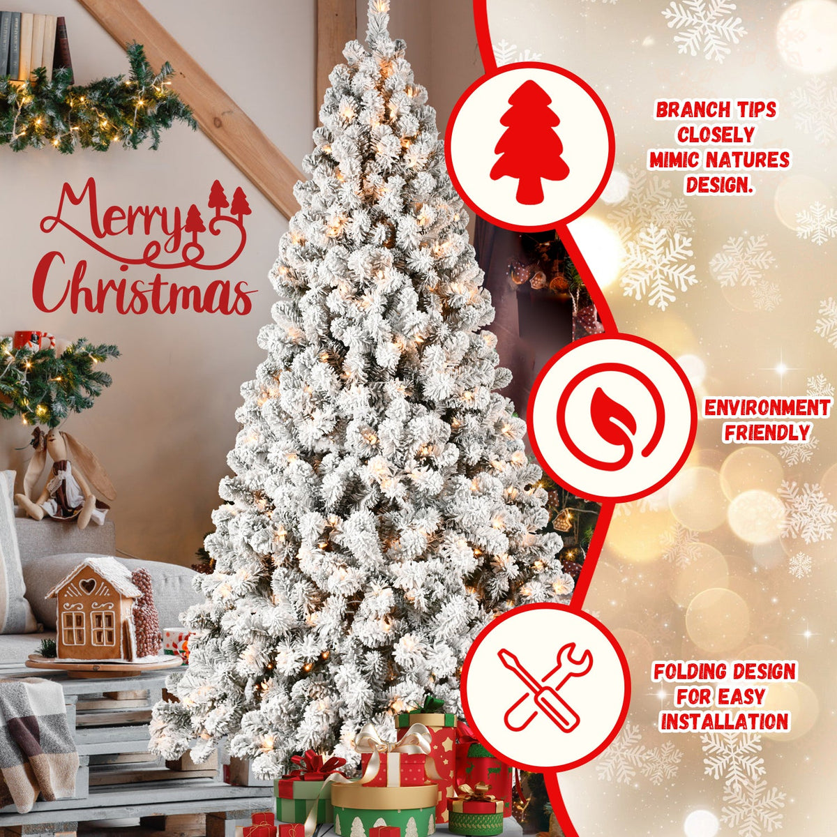 6ft Flocked Pre-Lit Christmas Tree with 300 Warm White Lights - Snow Effect HouseOfZazla