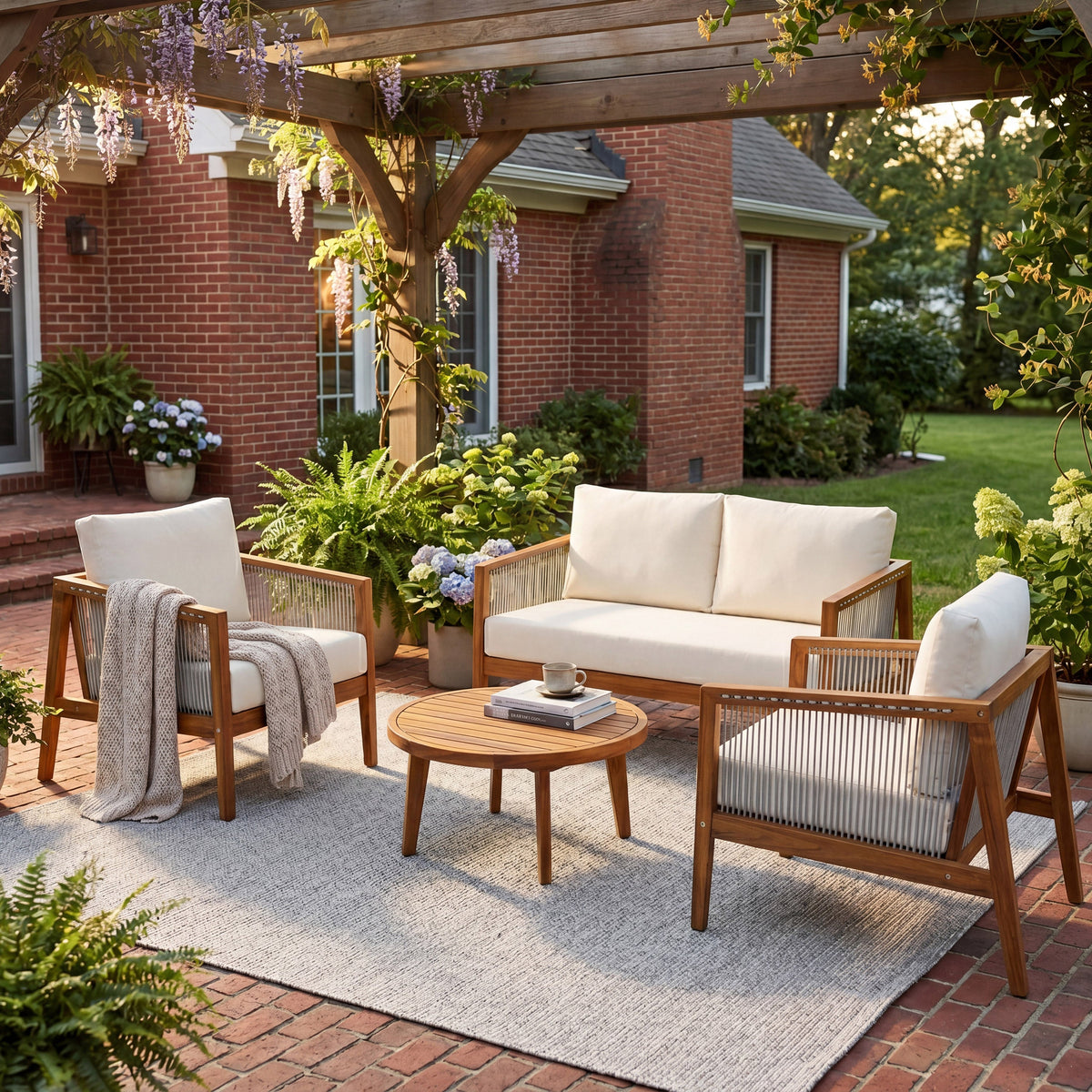 Outdoor 4-Piece Sofa Set with Acacia Wood Frame and Rope Detail - Natural Finish HouseOfZazla