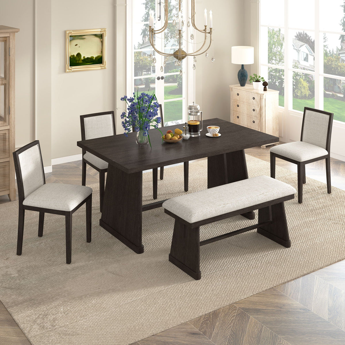 6 Piece Dining Room Set with Upholstered Chairs & Padded Bench - Light or Dark Brown HouseOfZazla