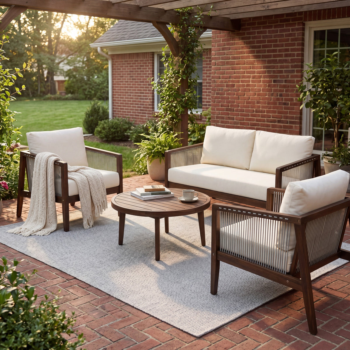 Outdoor 4-Piece Sofa Set, Acacia Wood Frame with Rope Detail HouseOfZazla