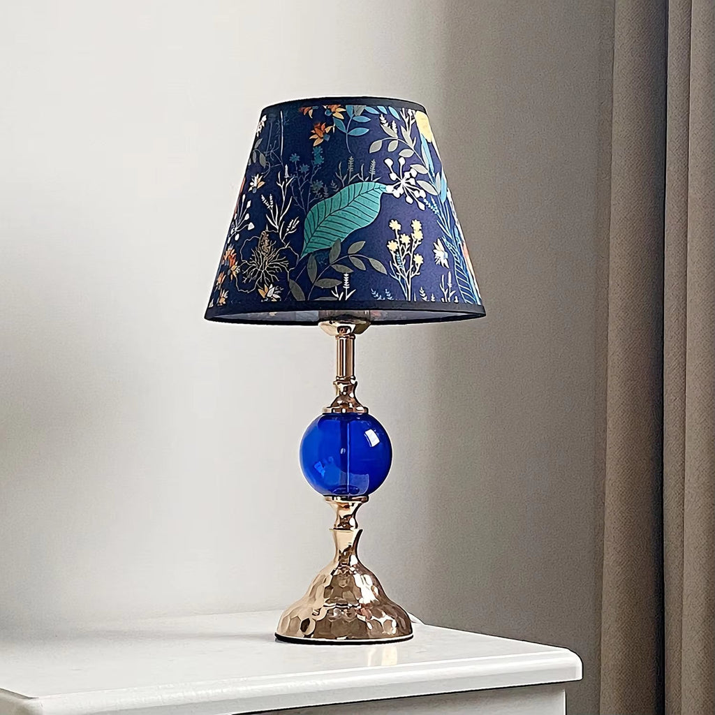Tropical Floral Fabric Shade & Colored Glass Table Lamp | Gold Desk Light