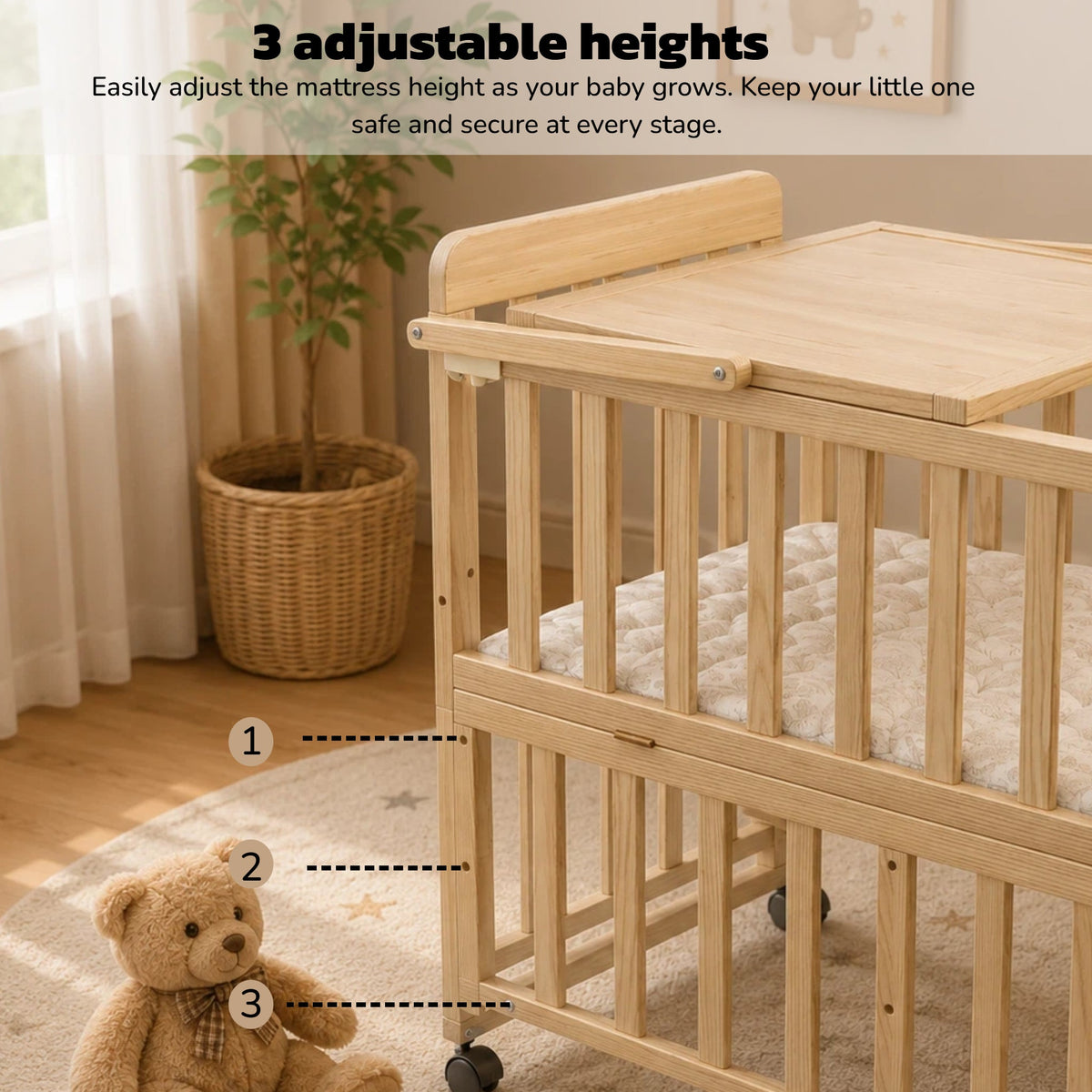 Solid Wood Baby Bassinet with Adjustable Heights & Changing Station - Natural Wood HouseOfZazla