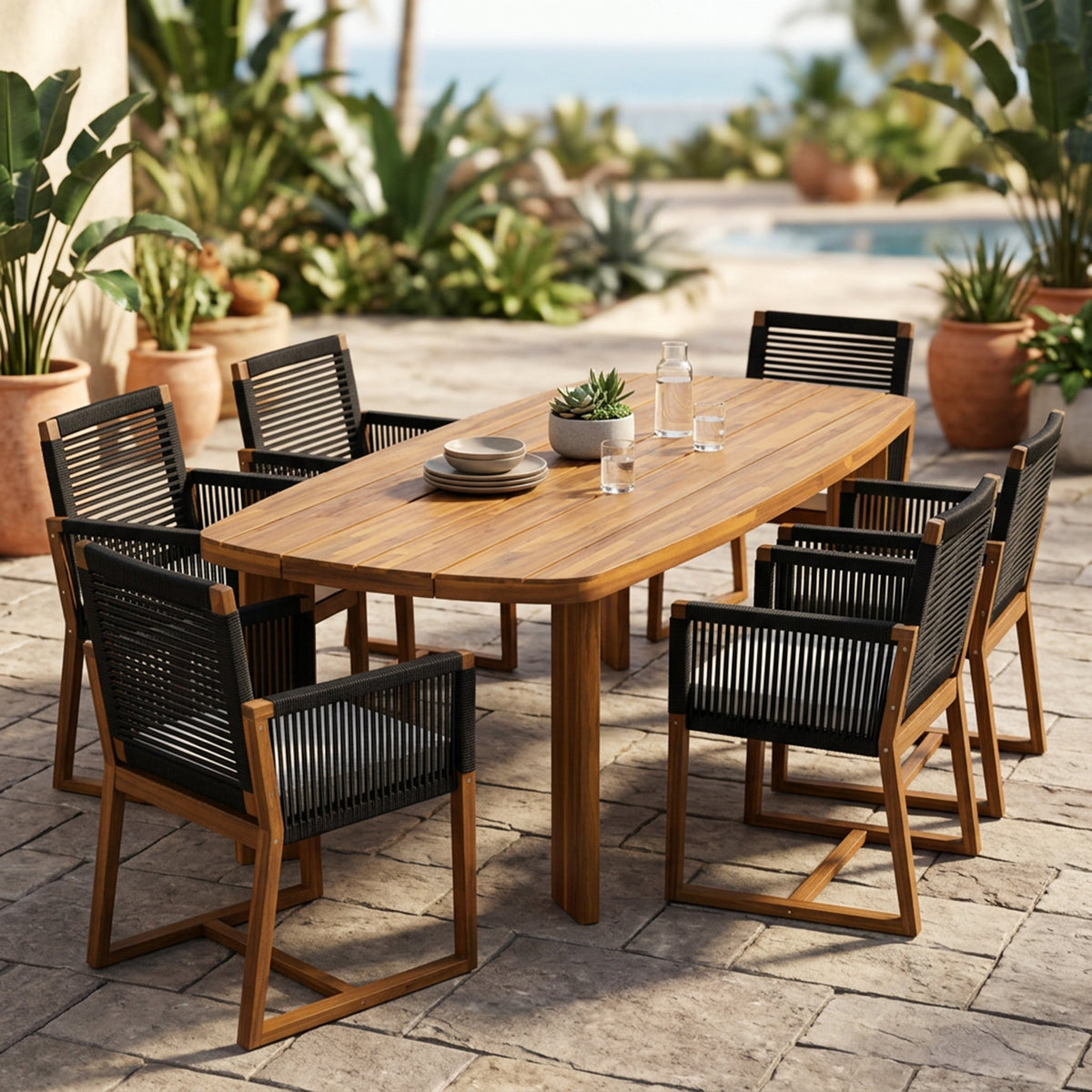 7-Piece Acacia Wood Outdoor Dining Set with Cushioned Arm Chairs - Teak Finish HouseOfZazla