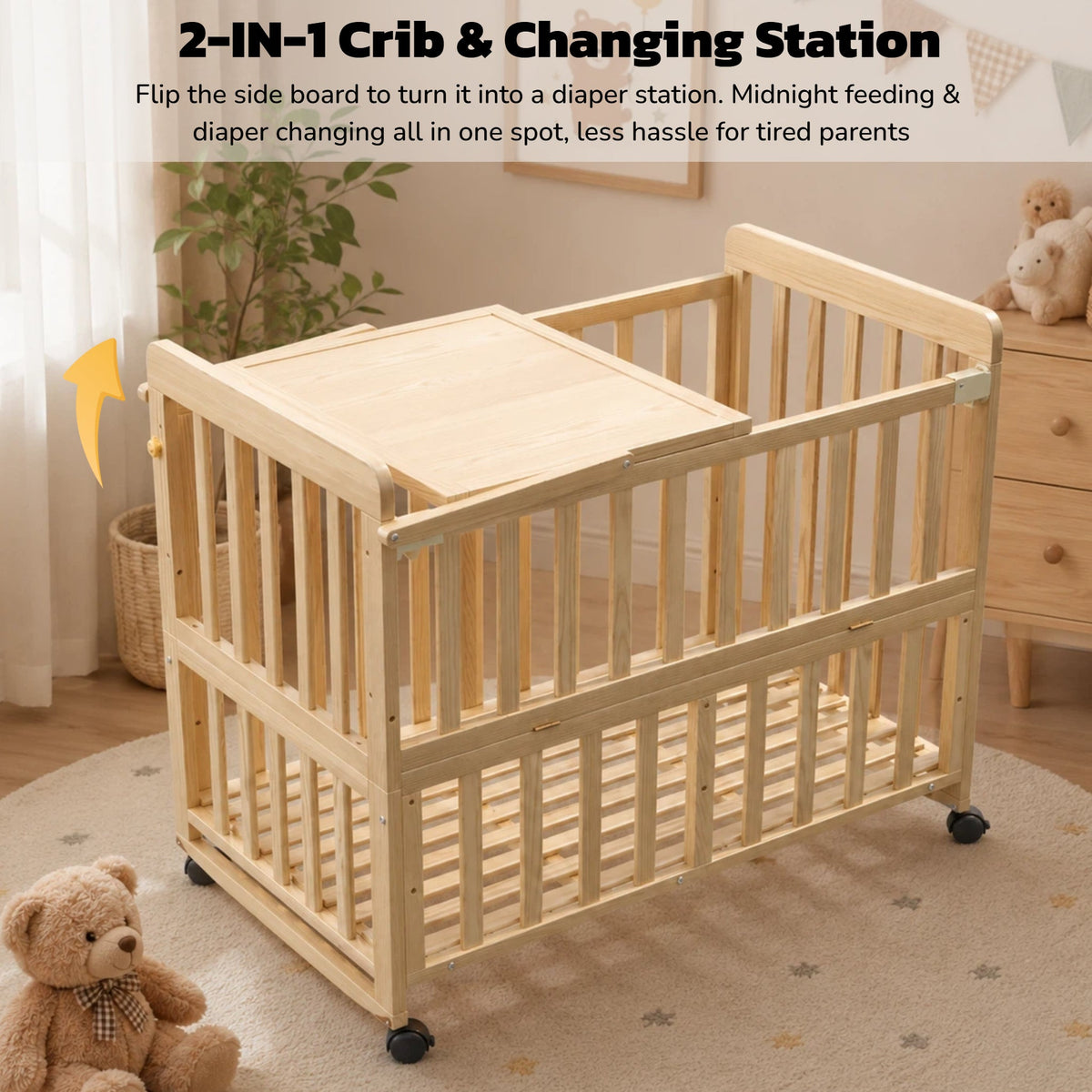 Solid Wood Baby Bassinet with Adjustable Heights & Changing Station - Natural Wood HouseOfZazla