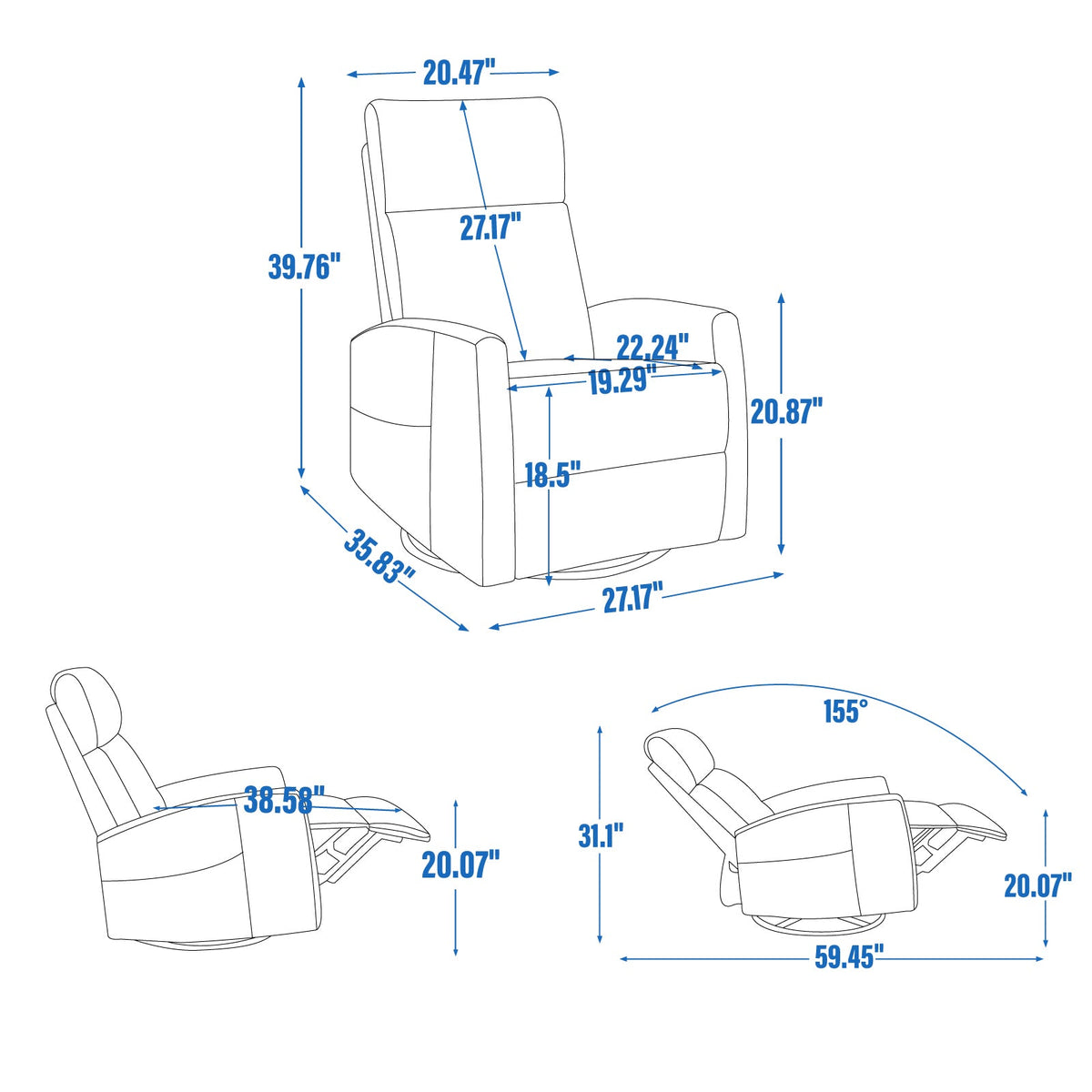 Heat Massage Manual Recliner Chair with Rocker and Swivel in Fabric HouseOfZazla