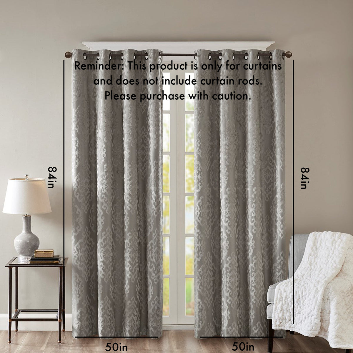 Charcoal Knitted Jacquard Damask Blackout Curtain Panel with Silver Grommets HouseOfZazla