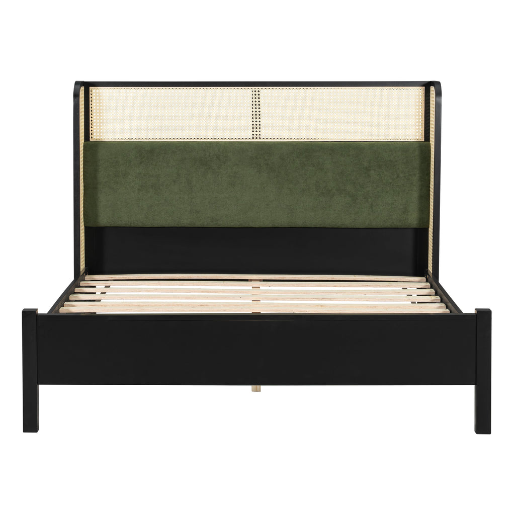 Queen Size Bed Frame with Green Upholstered Headboard