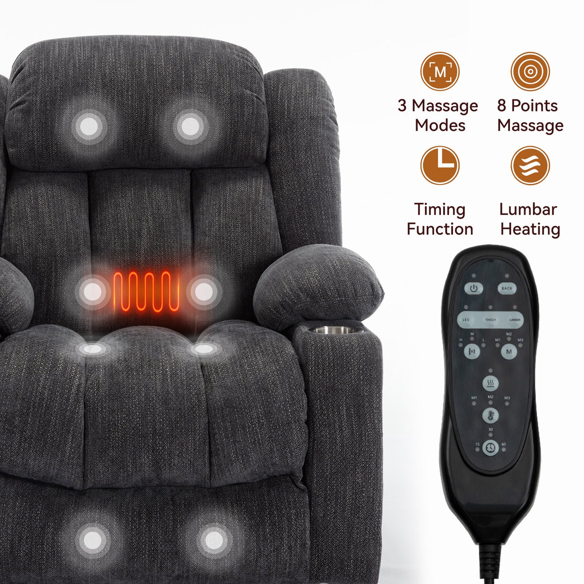 Chenille Power Lift Recliner Chair with Massage & Heating - Soft Chenille HouseOfZazla