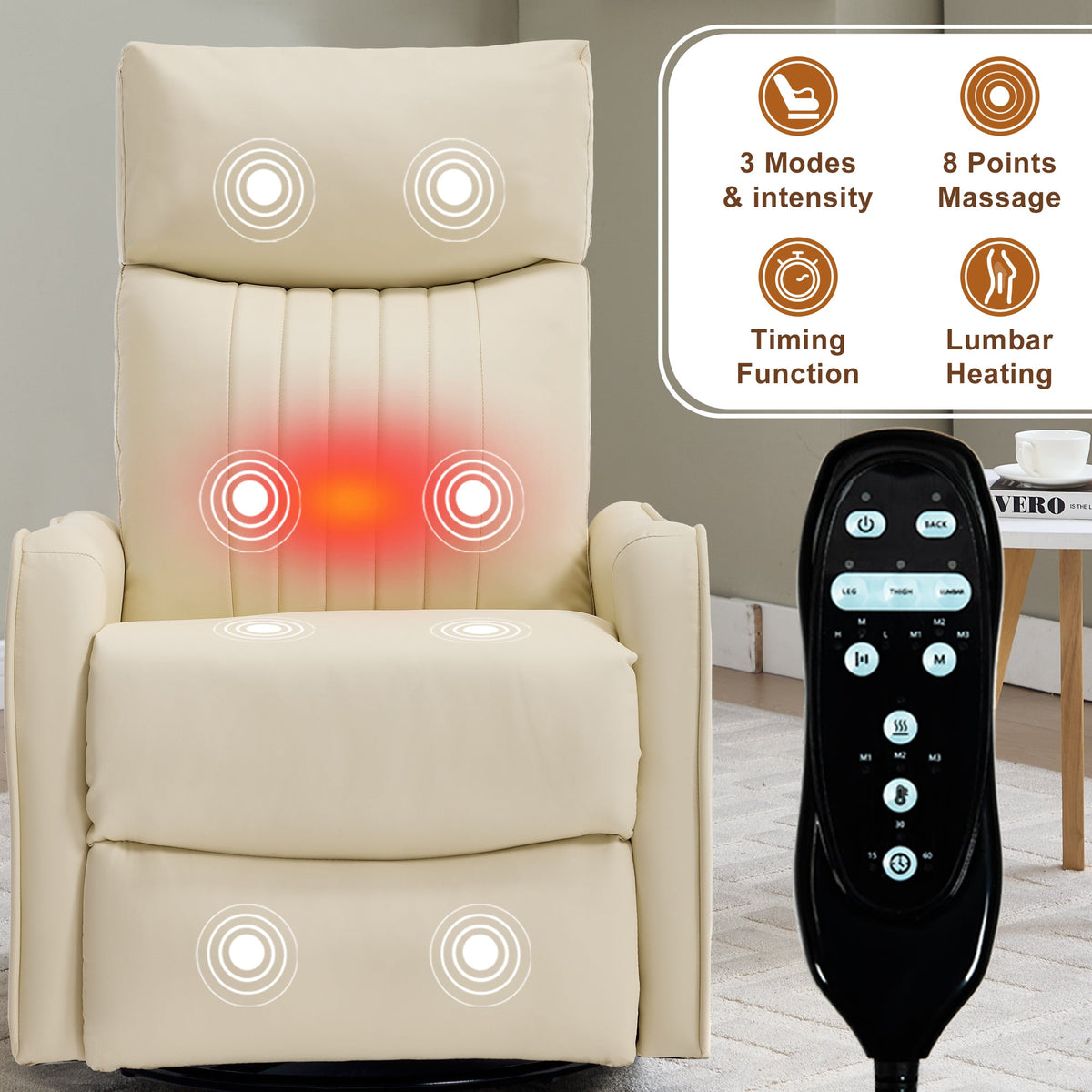 Beige Heat Massage Manual Recliner Chair with Rocker and Swivel - Beige HouseOfZazla