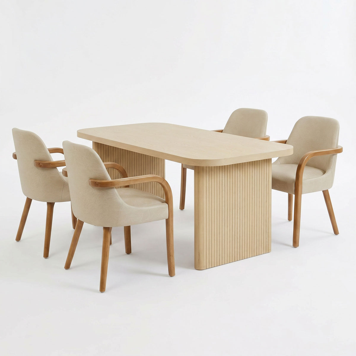 5 Piece Indoor Dining Set with Fluted Rubber Wood Table - Khaki PU Chairs HouseOfZazla