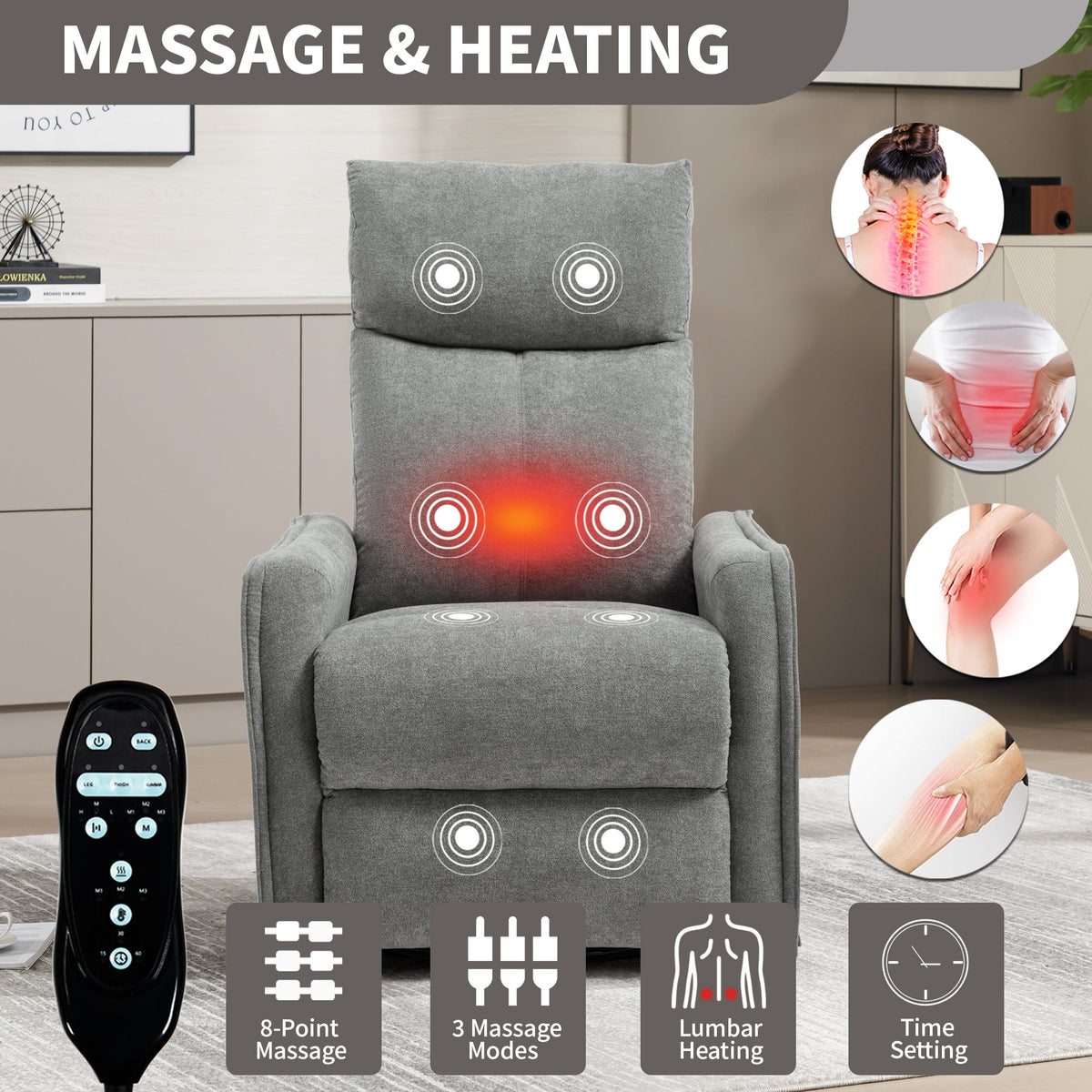 Heat Massage Manual Recliner Chair with Swivel and Rocker - Multi-Function, Metal Base HouseOfZazla