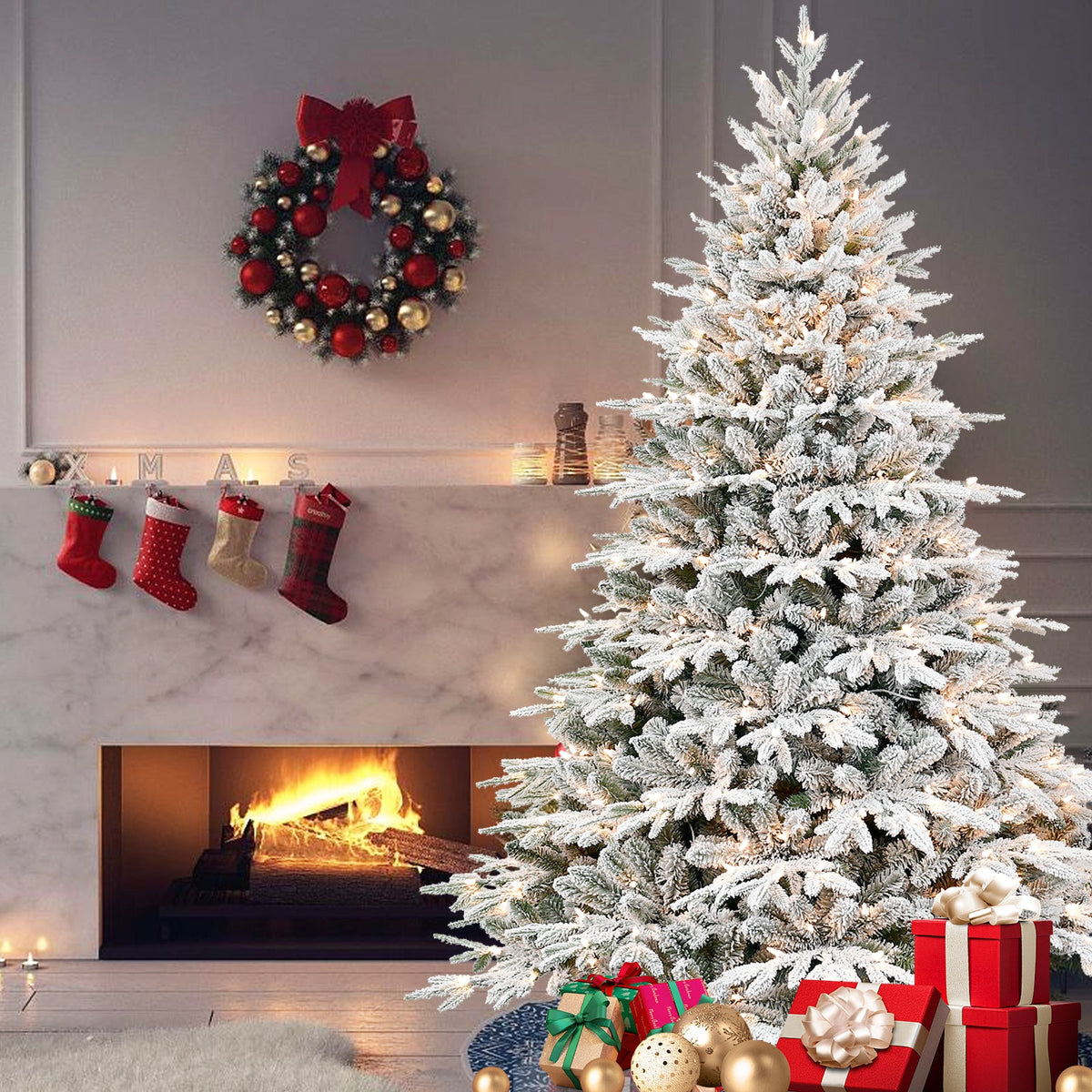 6ft Pre-Lit Flocked Artificial Christmas Tree with 400 Warm White Lights - Flocked HouseOfZazla