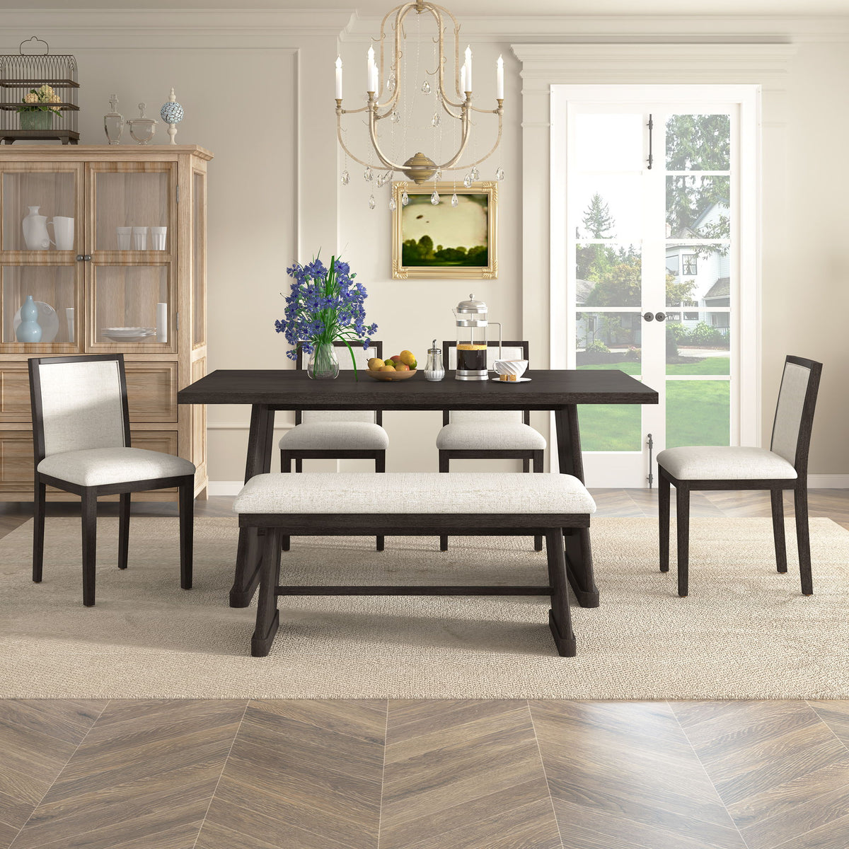 6 Piece Dining Room Set with Upholstered Chairs & Padded Bench - Light or Dark Brown HouseOfZazla