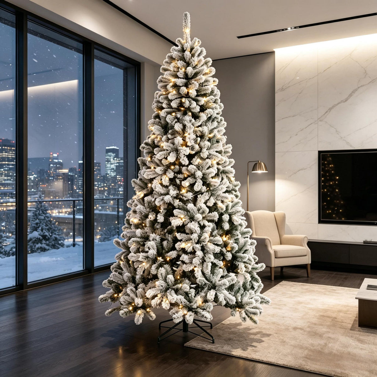 7.5 ft Pre-Lit Flocked Fraser Fir Artificial Christmas Tree with LED Lights - Green/White HouseOfZazla