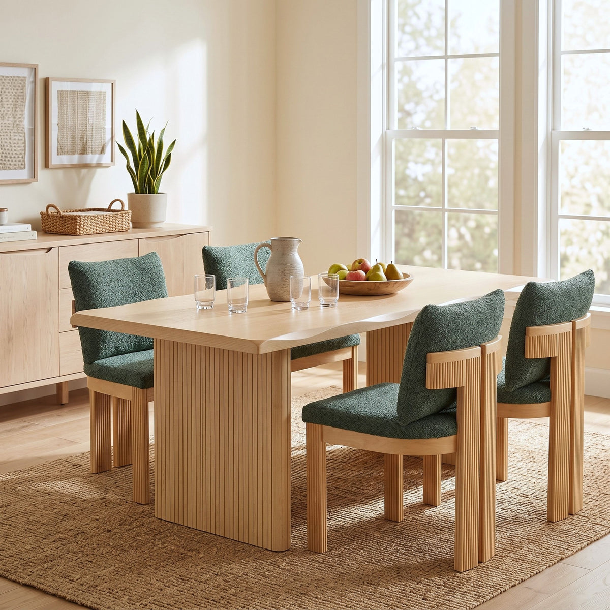 5-Piece Indoor Dining Set with Fluted Wood Table - Green Boucle HouseOfZazla
