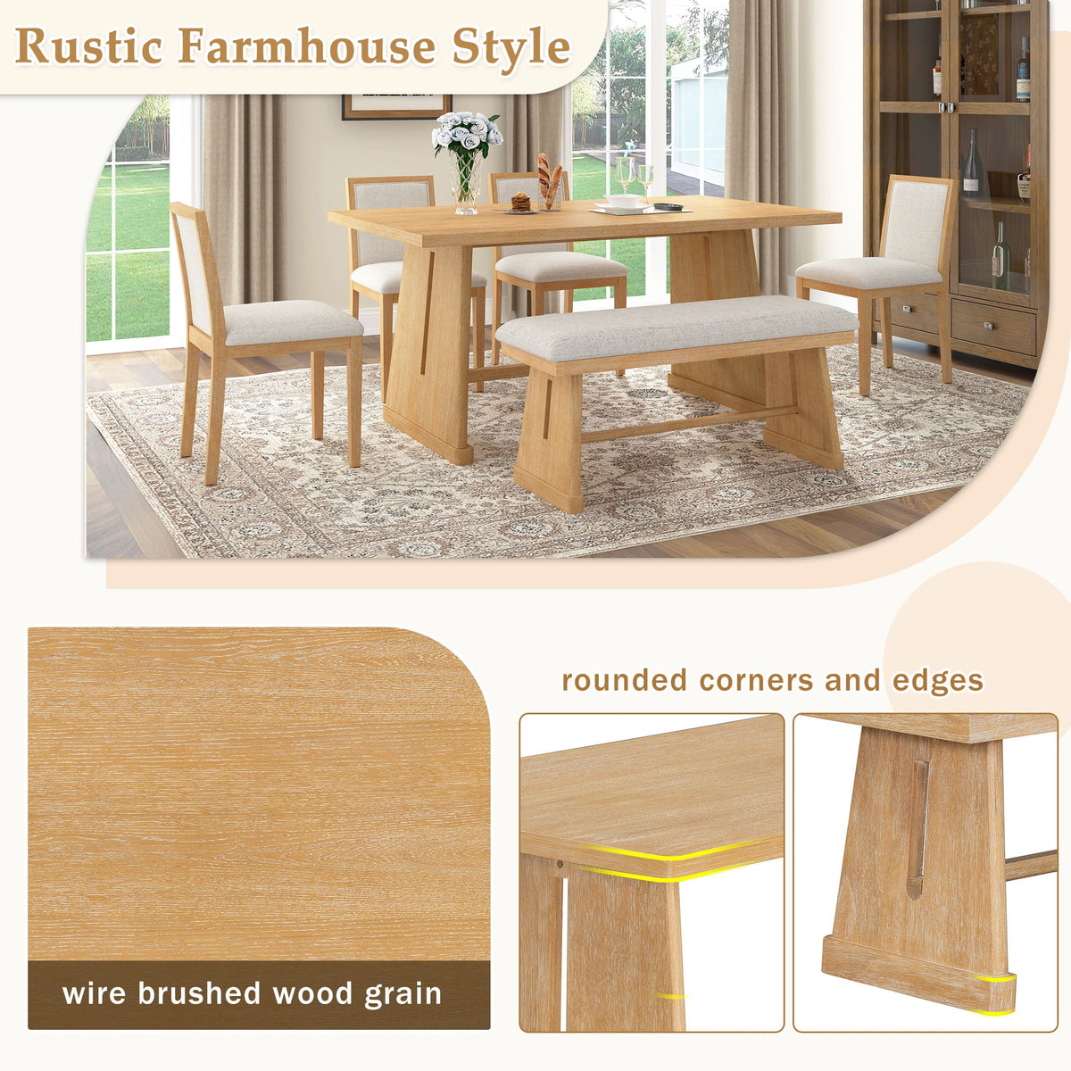 6 Piece Dining Room Set with Upholstered Chairs & Padded Bench - Light or Dark Brown HouseOfZazla