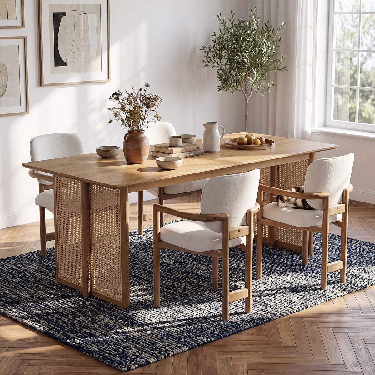 5-Piece Rubber Wood Indoor Dining Set with Rattan Chairs