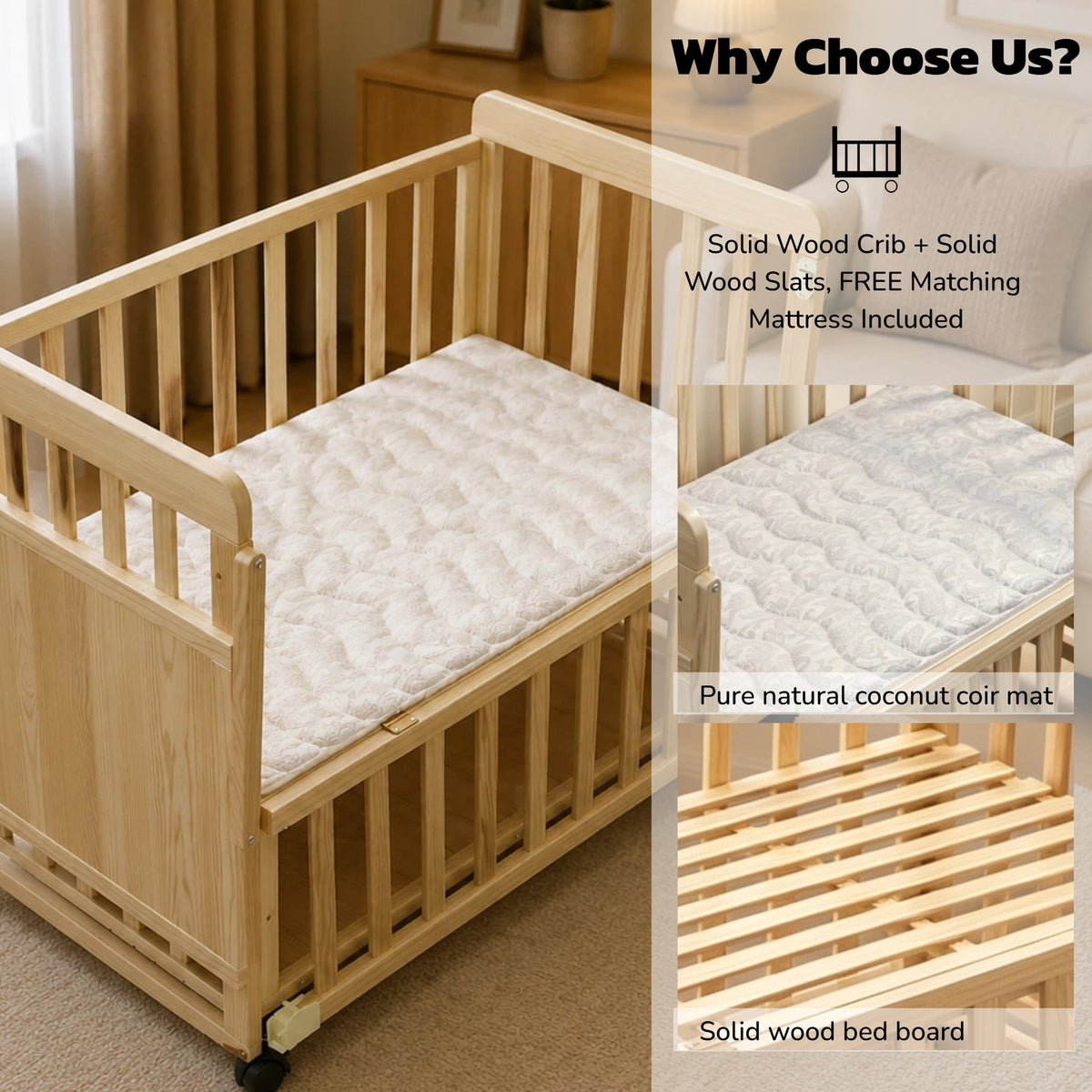 Solid Wood Baby Bassinet with Adjustable Heights & Changing Station - Natural Wood HouseOfZazla