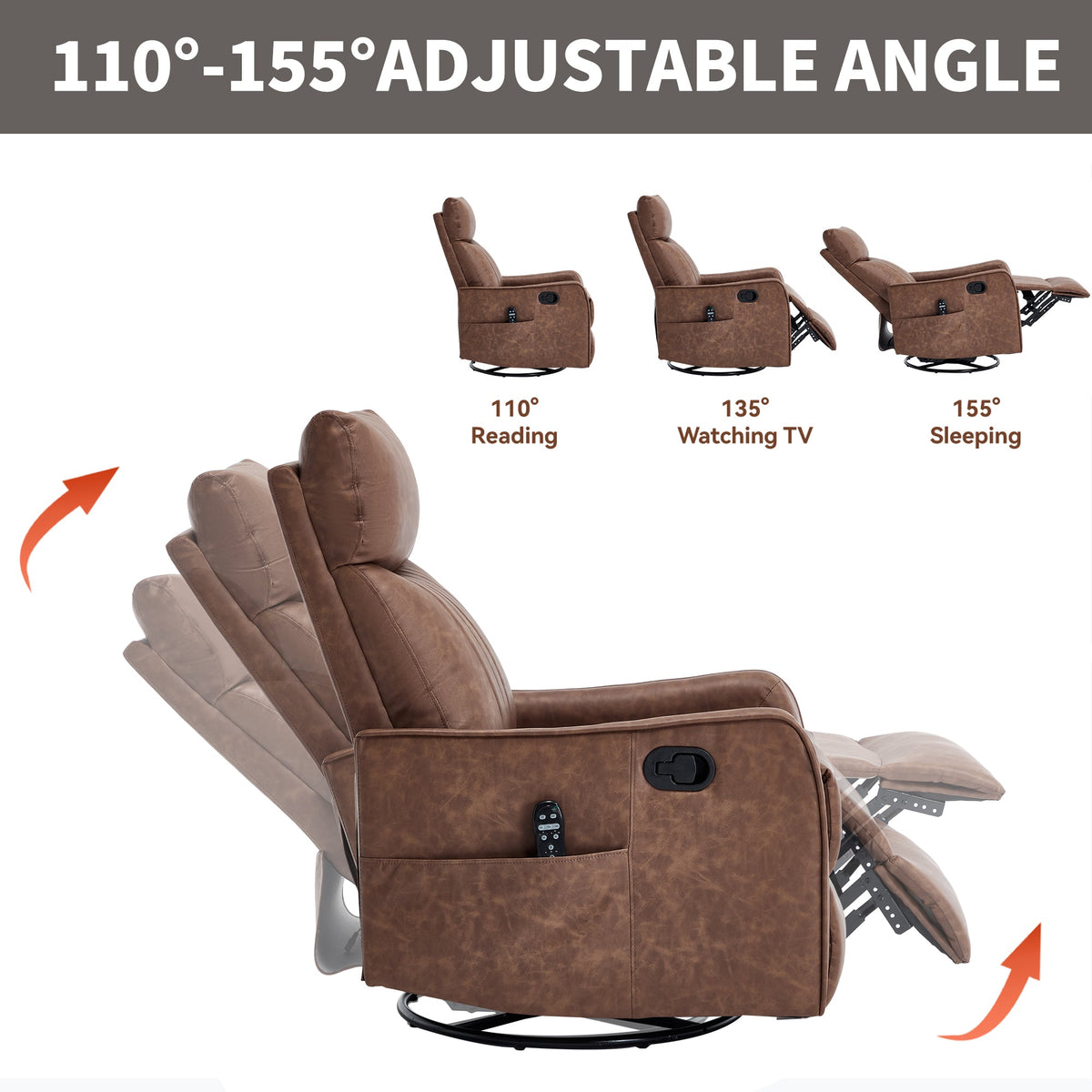 Brown Heat Massage Manual Recliner Chair with Rocker and Swivel - Brown HouseOfZazla