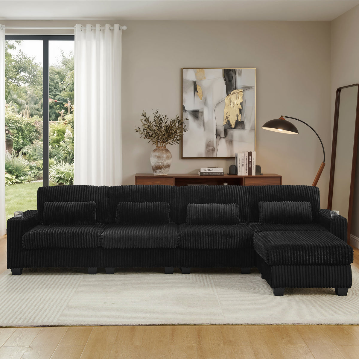 L-Shaped Corduroy Modular Sectional Sofa with Detachable Footrest - Black HouseOfZazla
