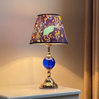 Tropical Floral Fabric Shade & Colored Glass Table Lamp | Gold Desk Light