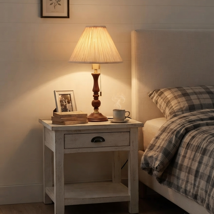 Handcrafted Wooden & Fabric Table Lamp | Classic Pull-Chain Bedside Desk Light