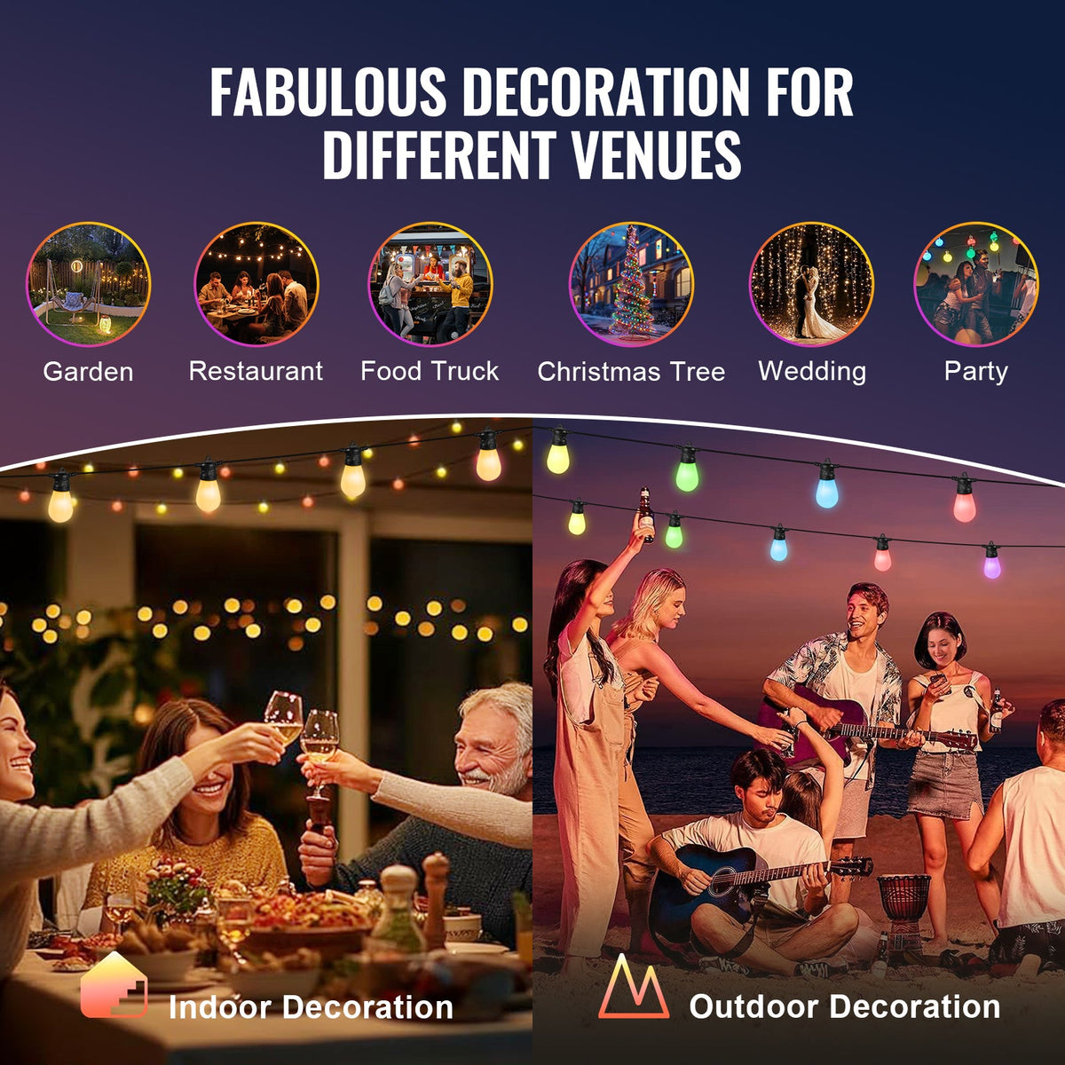 RGB Outdoor String Lights with App Control, 50FT - Multi-Color HouseOfZazla