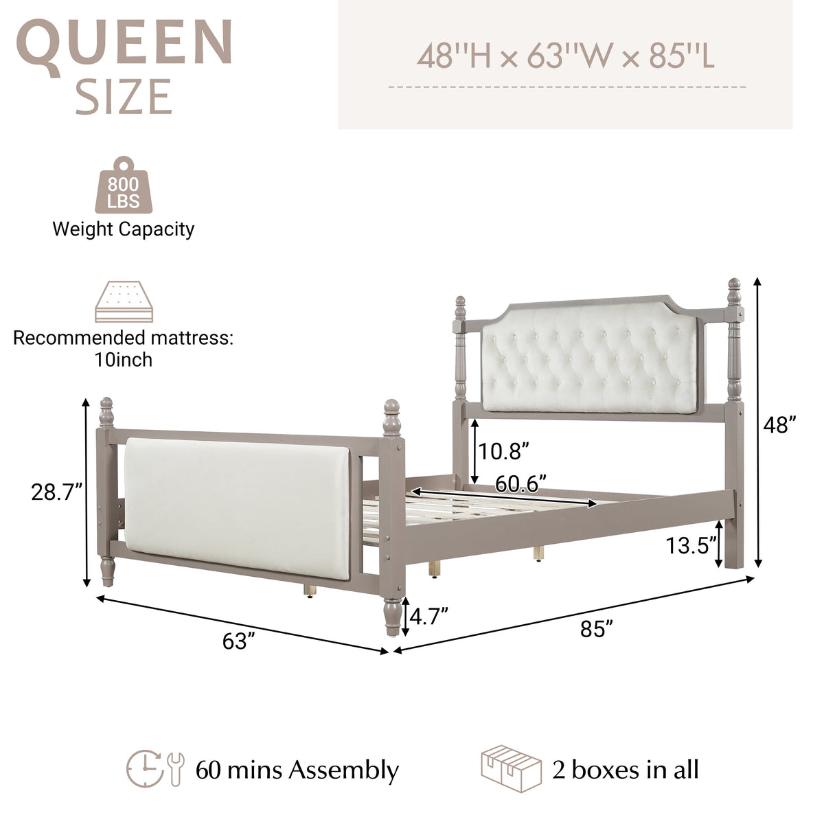 Queen Size Upholstered Platform Bed with Button Tufted Velvet Headboard - Taupe or Brown HouseOfZazla