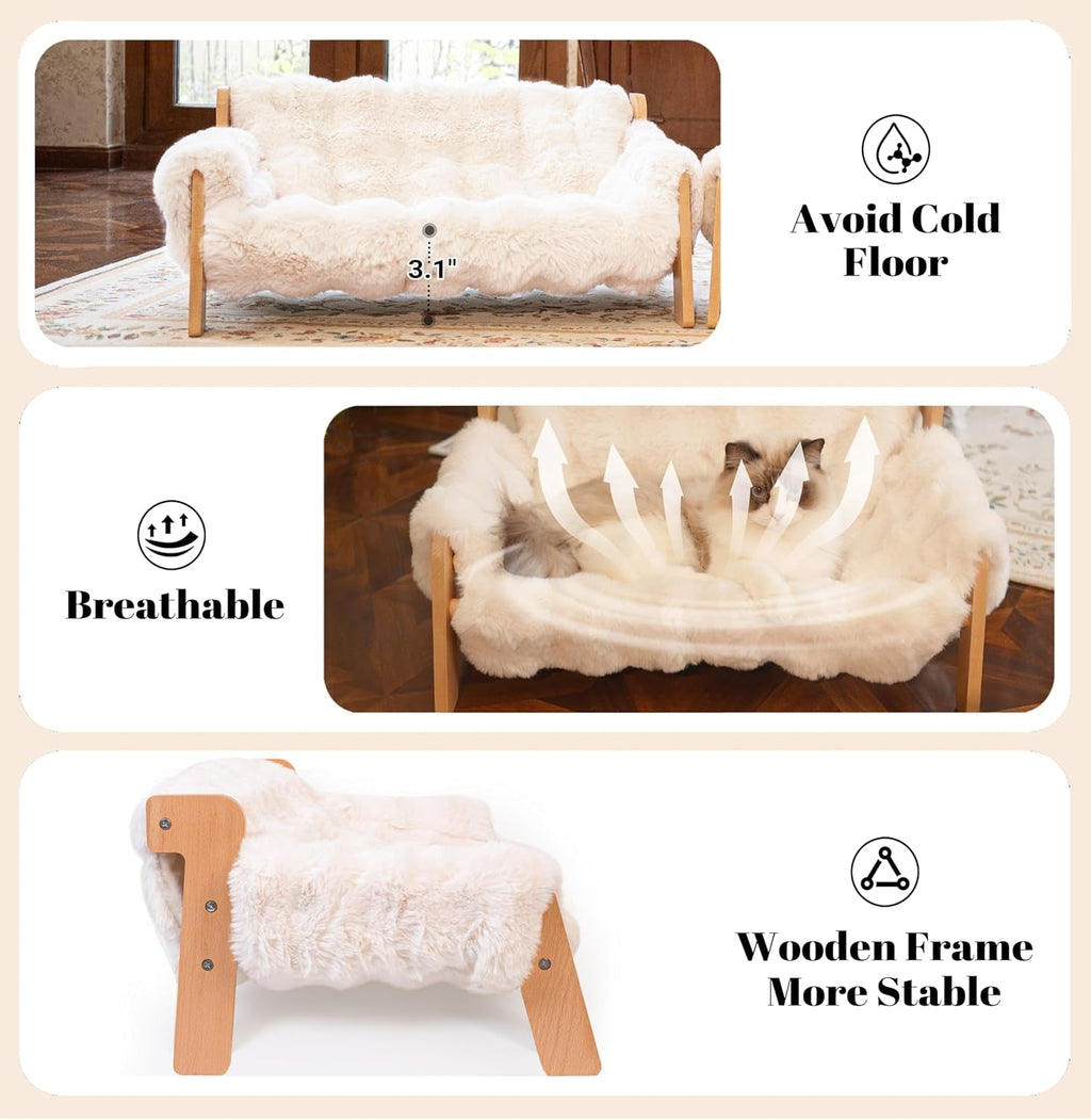 Elevated Wooden Cat Couch Bed with Washable Fluffy Cushion – 3 Colors Wags & Whiskers Pet Supply