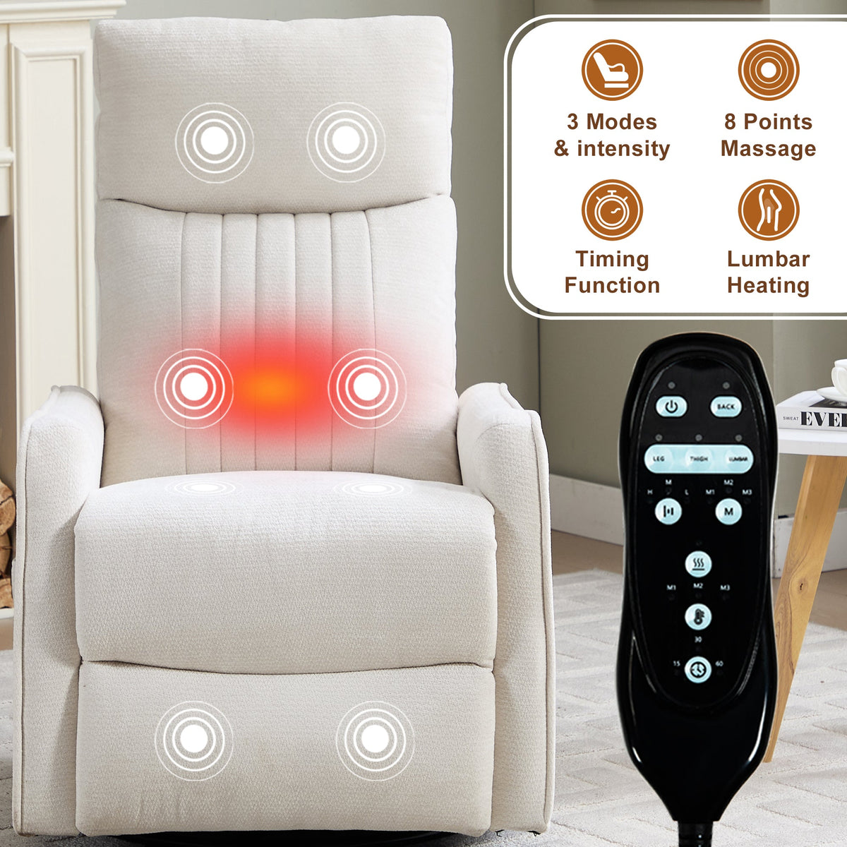 Beige Heat Massage Manual Recliner Chair with Rocker and Swivel - Beige HouseOfZazla