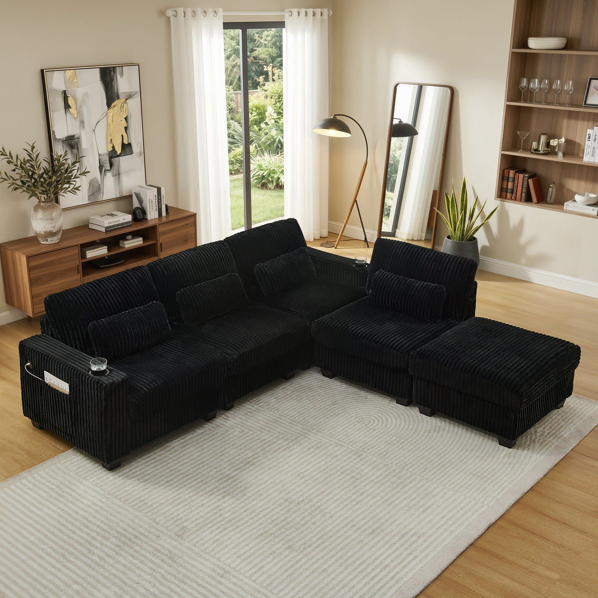 L-Shaped Corduroy Modular Sectional Sofa with Detachable Footrest - Black HouseOfZazla