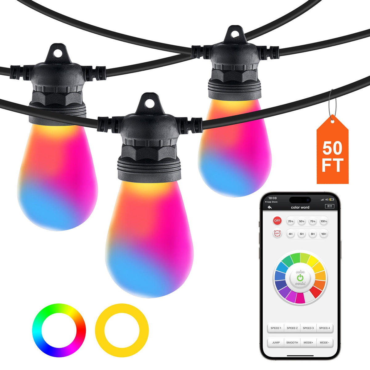 RGB Outdoor String Lights with App Control, 50FT - Multi-Color HouseOfZazla