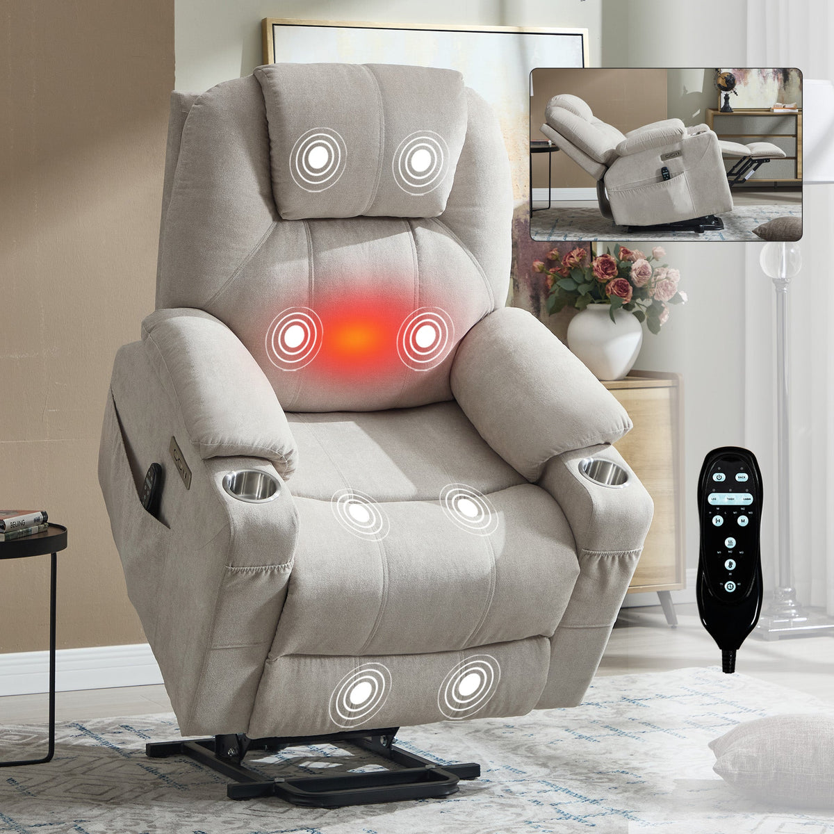 Power Lift Recliner Chair with Massage & Heating - Polyester HouseOfZazla