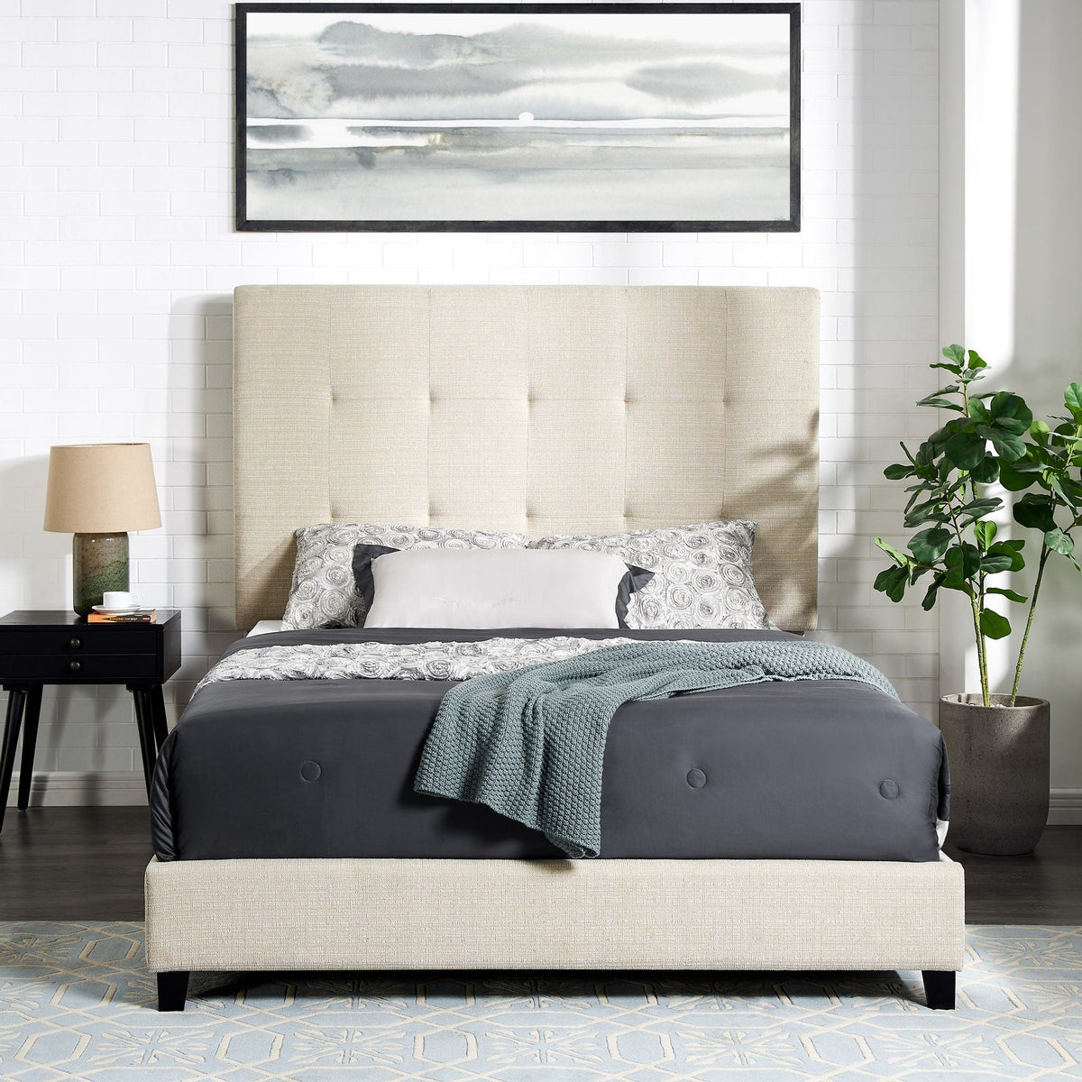 Tufted Upholstered Headboard Platform Bed with Padded Headboard - Queen, Beige or Dark Green HouseOfZazla