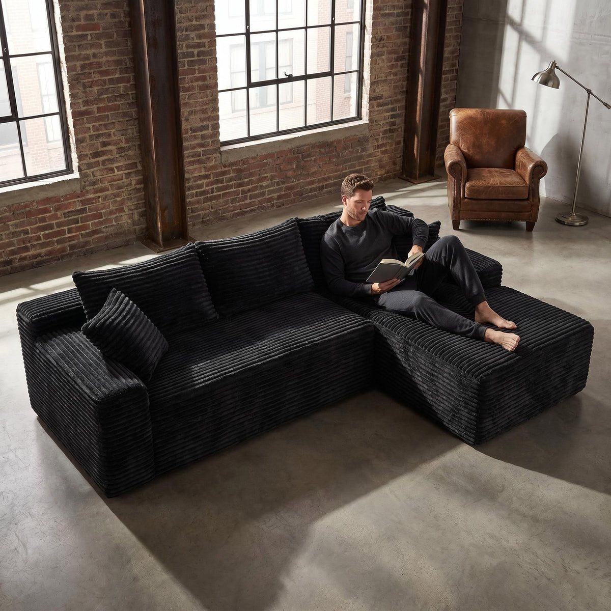 Corduroy Sectional Sofa with L-Shape Chaise - 106.3" Cloud Modular in Charcoal HouseOfZazla
